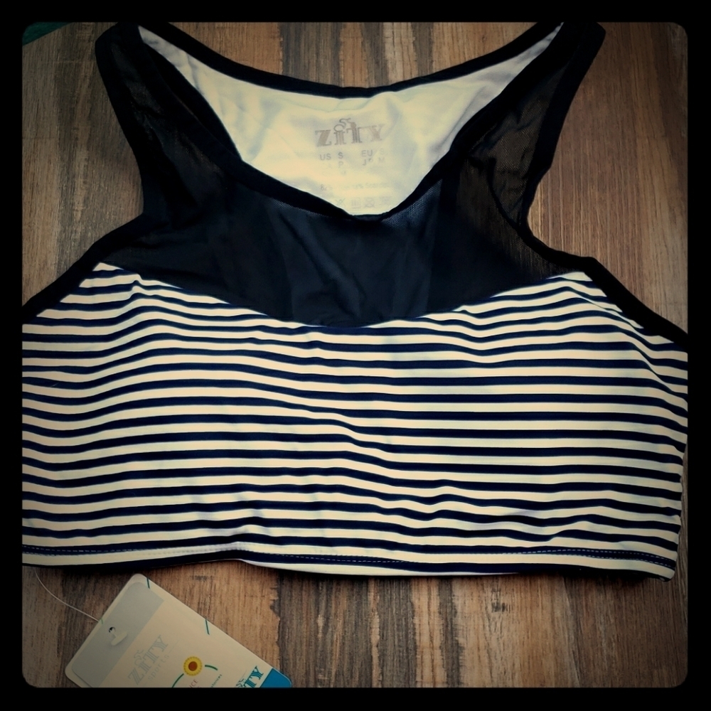 Zity Black and White Striped Sports Bra with Sheer Accent Size Small